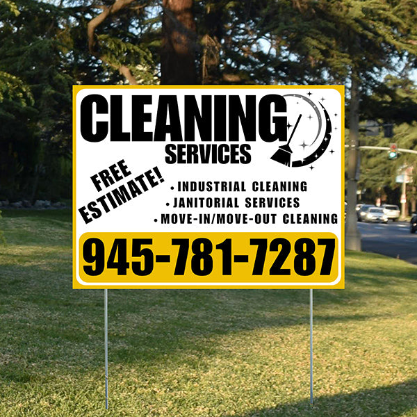 Cleaners/Maids Signs - Cleaning Services - Industrial Cleaning, Janitorial Services, Move-In/Move-Out Cleaning with Free Estimate - Plain Mustard Gold White Design - YardSigns.com