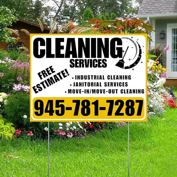 Cleaners/Maids Signs - Cleaning Services - Industrial Cleaning, Janitorial Services, Move-In/Move-Out Cleaning with Free Estimate - Plain White Mustard Gold Design YardSigns.com