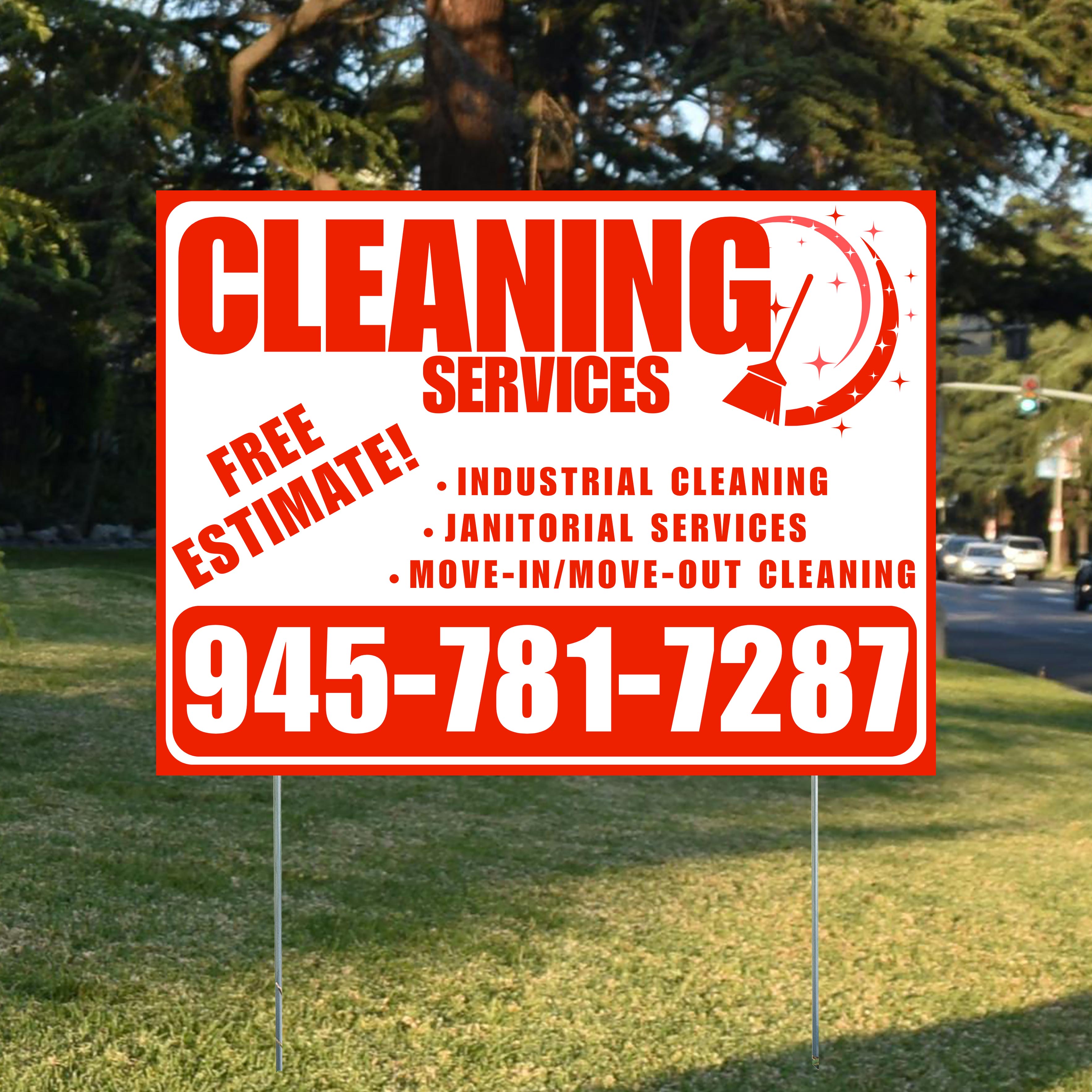 Cleaners/Maids Signs - Cleaning Services - Industrial Cleaning, Janitorial Services, Move-In/Move-Out Cleaning with Free Estimate - Plain Chili Red White Design - YardSigns.com