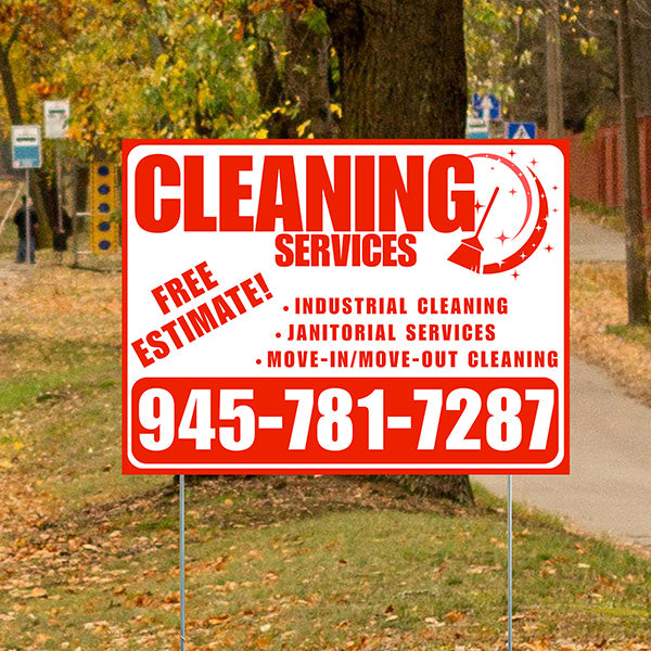 Cleaners/Maids Signs - Cleaning Services - Industrial Cleaning, Janitorial Services, Move-In/Move-Out Cleaning with Free Estimate - Plain Chili Red White Design - YardSigns.com