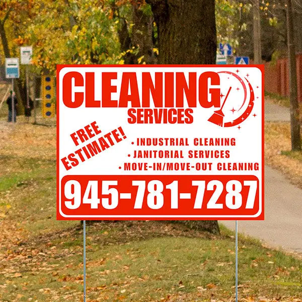 Cleaners/Maids Signs - Cleaning Services - Industrial Cleaning, Janitorial Services, Move-In/Move-Out Cleaning with Free Estimate - Plain White Chili Red Design YardSigns.com