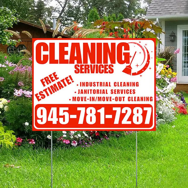 Cleaners/Maids Signs - Cleaning Services - Industrial Cleaning, Janitorial Services, Move-In/Move-Out Cleaning with Free Estimate - Plain White Chili Red Design YardSigns.com
