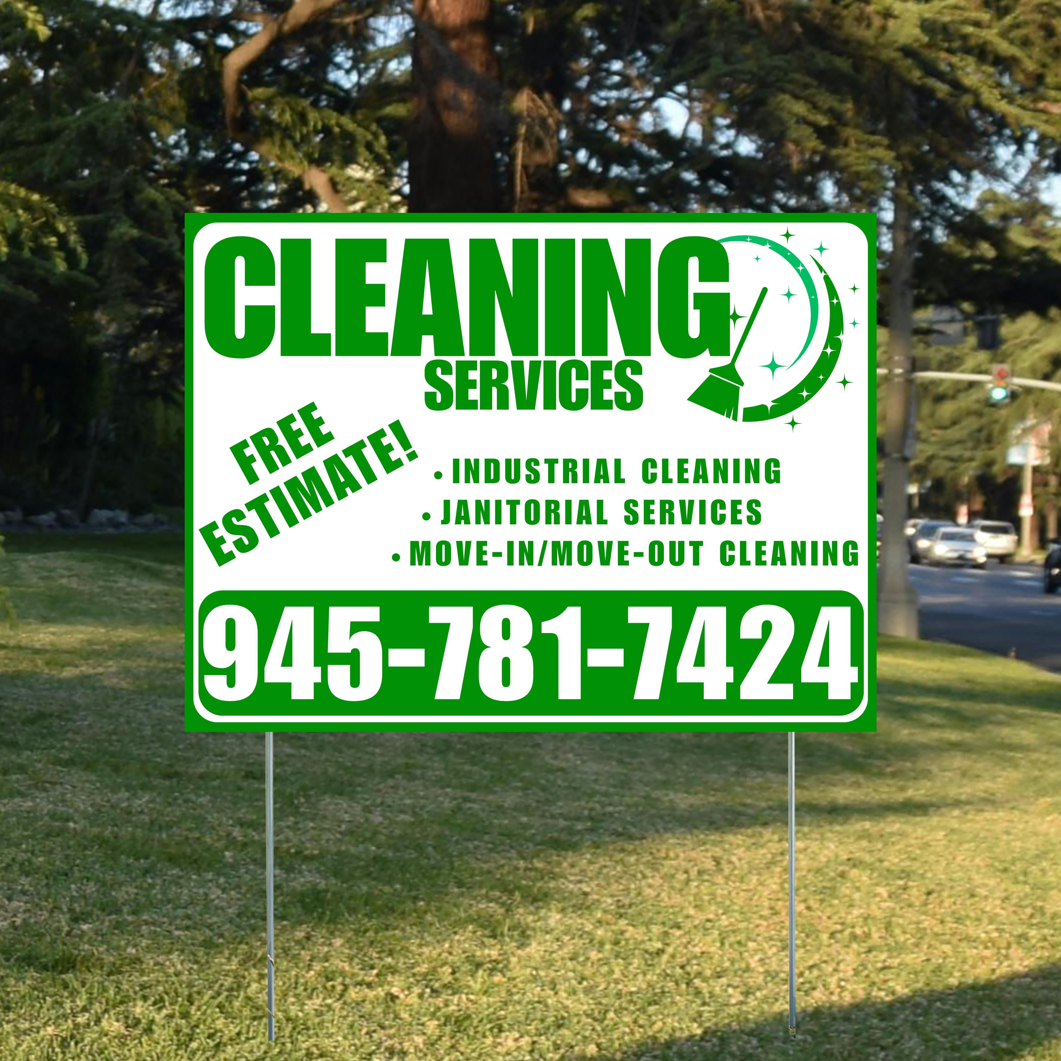 Cleaners/Maids Signs - Cleaning Services - Industrial Cleaning, Janitorial Services, Move-In/Move-Out Cleaning with Free Estimate - Plain Green White Design - YardSigns.com