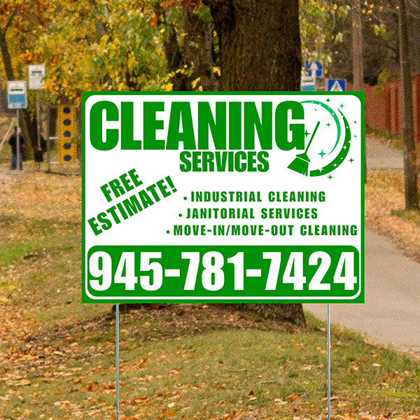 Cleaners/Maids Signs - Cleaning Services - Industrial Cleaning, Janitorial Services, Move-In/Move-Out Cleaning with Free Estimate - Plain Green White Design - YardSigns.com
