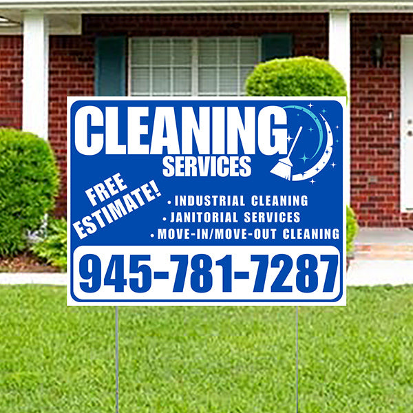 Cleaners/Maids Signs - Cleaning Services - Industrial Cleaning, Janitorial Services, Move-In/Move-Out Cleaning with Free Estimate - Plain White Blue Design - YardSigns.com