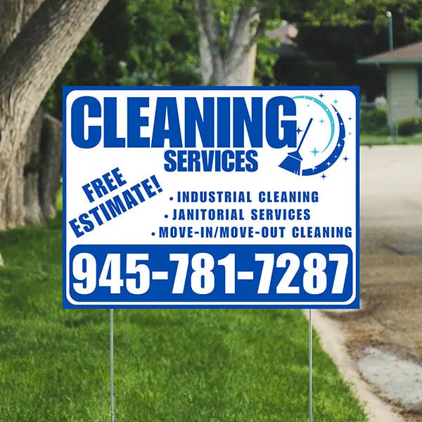 Cleaners/Maids Signs - Cleaning Services - Industrial Cleaning, Janitorial Services, Move-In/Move-Out Cleaning with Free Estimate - Plain Blue White Design YardSigns.com