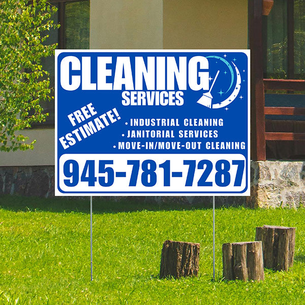 Cleaners/Maids Signs - Cleaning Services - Industrial Cleaning, Janitorial Services, Move-In/Move-Out Cleaning with Free Estimate - Plain White Blue Design - YardSigns.com
