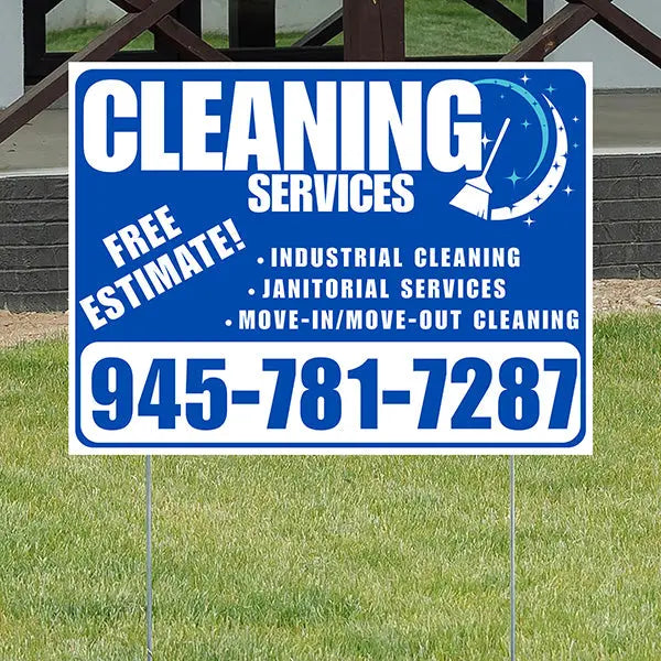 Cleaners/Maids Signs - Cleaning Services - Industrial Cleaning, Janitorial Services, Move-In/Move-Out Cleaning with Free Estimate - Plain White Blue Design YardSigns.com