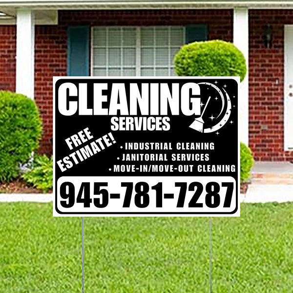 Cleaners/Maids Signs - Cleaning Services - Industrial Cleaning, Janitorial Services, Move-In/Move-Out Cleaning with Free Estimate - Plain White Black Design - YardSigns.com