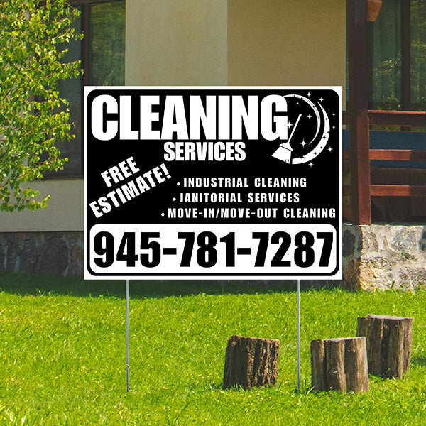 Cleaners/Maids Signs - Cleaning Services - Industrial Cleaning, Janitorial Services, Move-In/Move-Out Cleaning with Free Estimate - Plain White Black Design - YardSigns.com