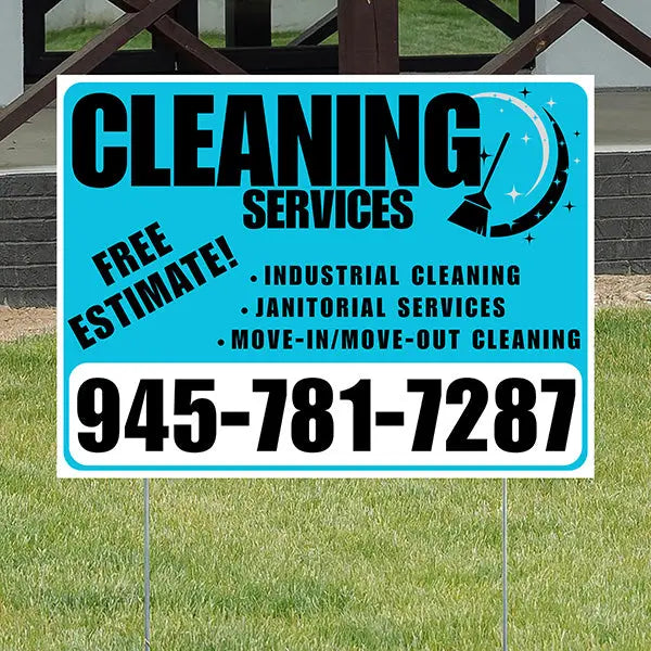 Cleaners/Maids Signs - Cleaning Services - Industrial Cleaning, Janitorial Services, Move-In/Move-Out Cleaning with Free Estimate - Plain White Aqua Blue Design YardSigns.com
