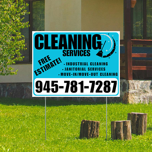 Cleaners/Maids Signs - Cleaning Services - Industrial Cleaning, Janitorial Services, Move-In/Move-Out Cleaning with Free Estimate - Plain White Aqua Blue Design - YardSigns.com