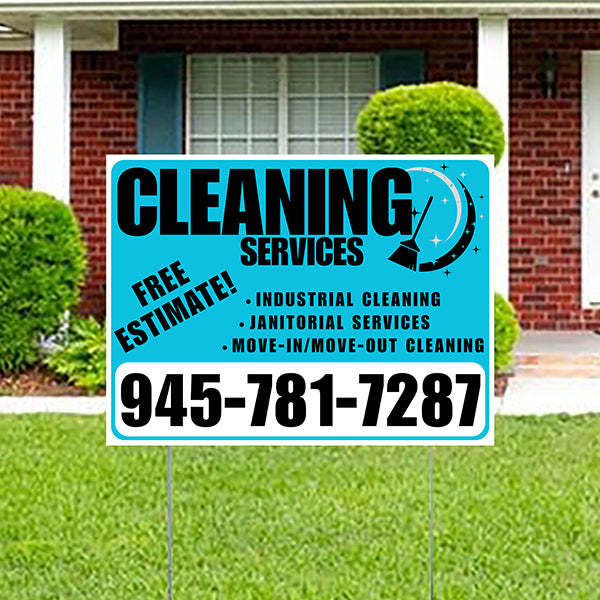 Cleaners/Maids Signs - Cleaning Services - Industrial Cleaning, Janitorial Services, Move-In/Move-Out Cleaning with Free Estimate - Plain White Aqua Blue Design - YardSigns.com