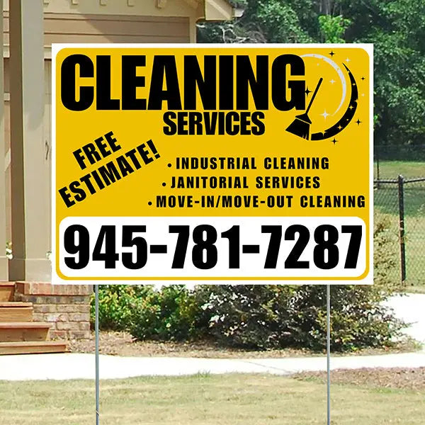 Cleaners/Maids Signs - Cleaning Services - Industrial Cleaning, Janitorial Services, Move-In/Move-Out Cleaning with Free Estimate - Plain Mustard Gold White Design YardSigns.com