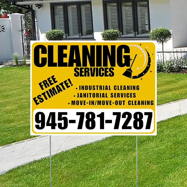 Cleaners/Maids Signs - Cleaning Services - Industrial Cleaning, Janitorial Services, Move-In/Move-Out Cleaning with Free Estimate - Plain Mustard Gold White Design YardSigns.com