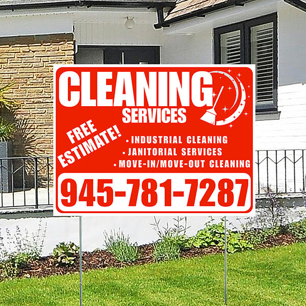 Cleaners/Maids Signs - Cleaning Services - Industrial Cleaning, Janitorial Services, Move-In/Move-Out Cleaning with Free Estimate - Plain White Chili Red Design - YardSigns.com