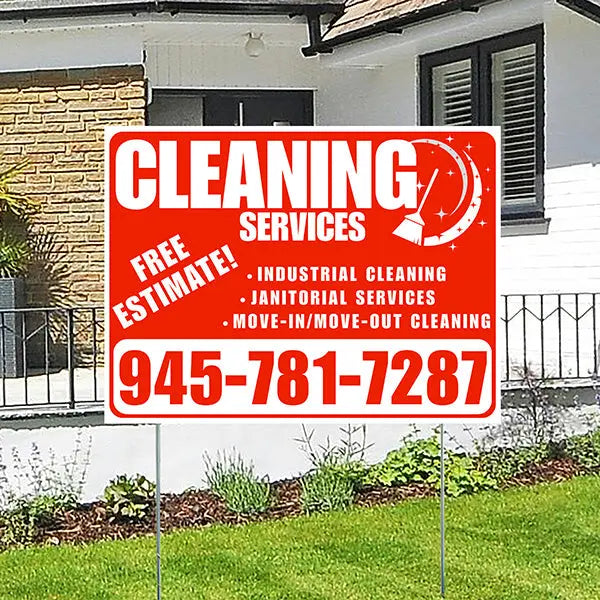 Cleaners/Maids Signs - Cleaning Services - Industrial Cleaning, Janitorial Services, Move-In/Move-Out Cleaning with Free Estimate - Plain Chili Red White Design YardSigns.com