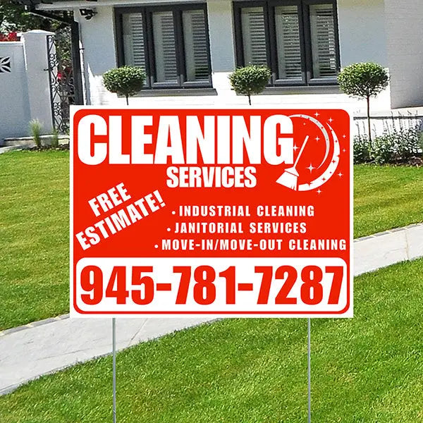 Cleaners/Maids Signs - Cleaning Services - Industrial Cleaning, Janitorial Services, Move-In/Move-Out Cleaning with Free Estimate - Plain Chili Red White Design YardSigns.com