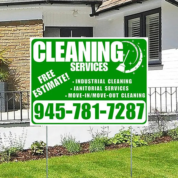 Cleaners/Maids Signs - Cleaning Services - Industrial Cleaning, Janitorial Services, Move-In/Move-Out Cleaning with Free Estimate - Plain White Green Design YardSigns.com