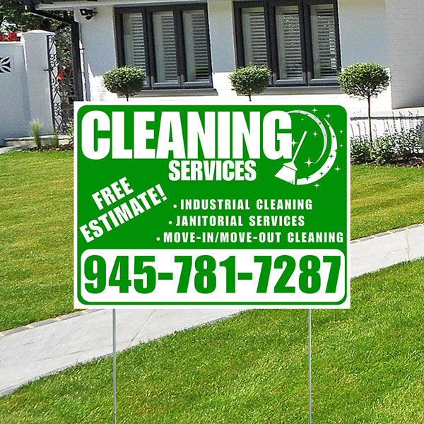 Cleaners/Maids Signs - Cleaning Services - Industrial Cleaning, Janitorial Services, Move-In/Move-Out Cleaning with Free Estimate - Plain White Green Design - YardSigns.com