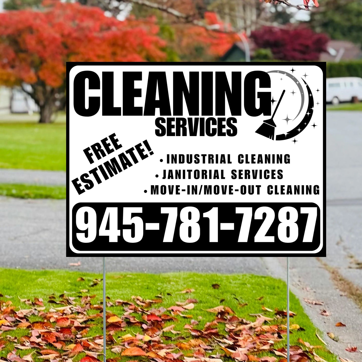 Cleaners/Maids Signs - Cleaning Services - Industrial Cleaning, Janitorial Services, Move-In/Move-Out Cleaning with Free Estimate - Plain Black White Design YardSigns.com