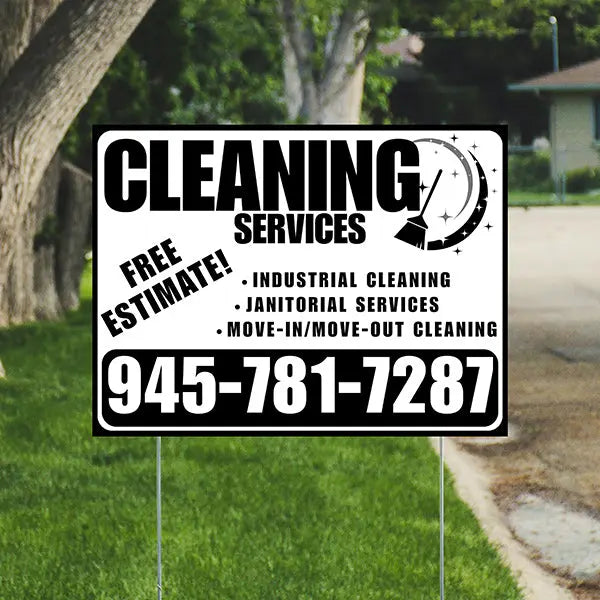 Cleaners/Maids Signs - Cleaning Services - Industrial Cleaning, Janitorial Services, Move-In/Move-Out Cleaning with Free Estimate - Plain Black White Design YardSigns.com