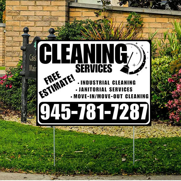 Cleaners/Maids Signs - Cleaning Services - Industrial Cleaning, Janitorial Services, Move-In/Move-Out Cleaning with Free Estimate - Plain Black White Design YardSigns.com