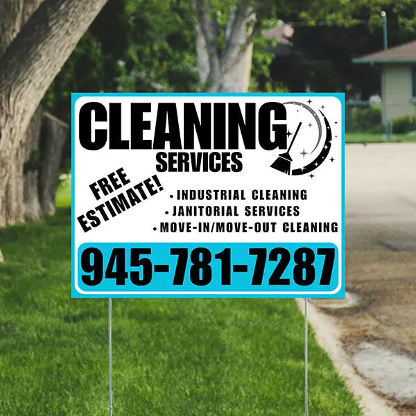 Cleaners/Maids Signs - Cleaning Services - Industrial Cleaning, Janitorial Services, Move-In/Move-Out Cleaning with Free Estimate - Plain Aqua Blue White Design YardSigns.com