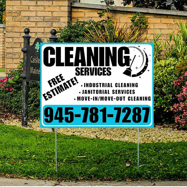 Cleaners/Maids Signs - Cleaning Services - Industrial Cleaning, Janitorial Services, Move-In/Move-Out Cleaning with Free Estimate - Plain Aqua Blue White Design YardSigns.com