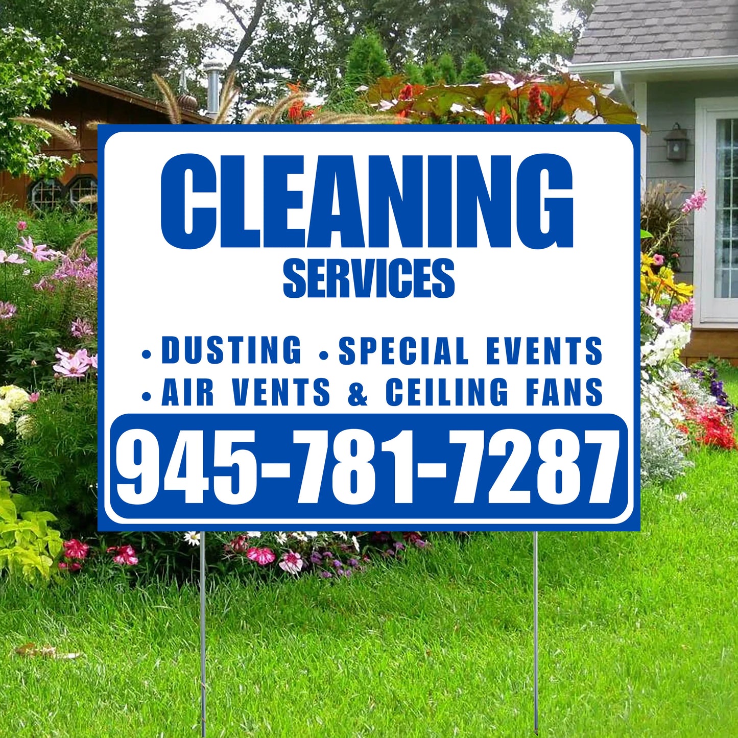 Cleaners/Maids Signs - Cleaning Services - Dusting, Special Events, Air Vents & Ceiling Fans - Plain White Blue Design YardSigns.com