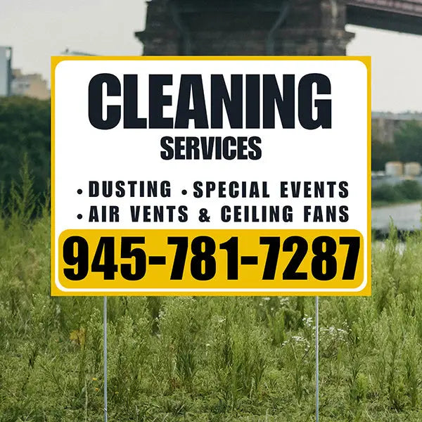 Cleaners/Maids Signs - Cleaning Services - Dusting, Special Events, Air Vents & Ceiling Fans - Plain Mustard Gold White Design YardSigns.com