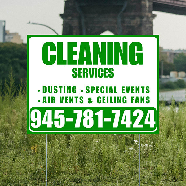 Cleaners/Maids Signs - Cleaning Services - Dusting, Special Events, Air Vents & Ceiling Fans - Plain Green White Design - YardSigns.com