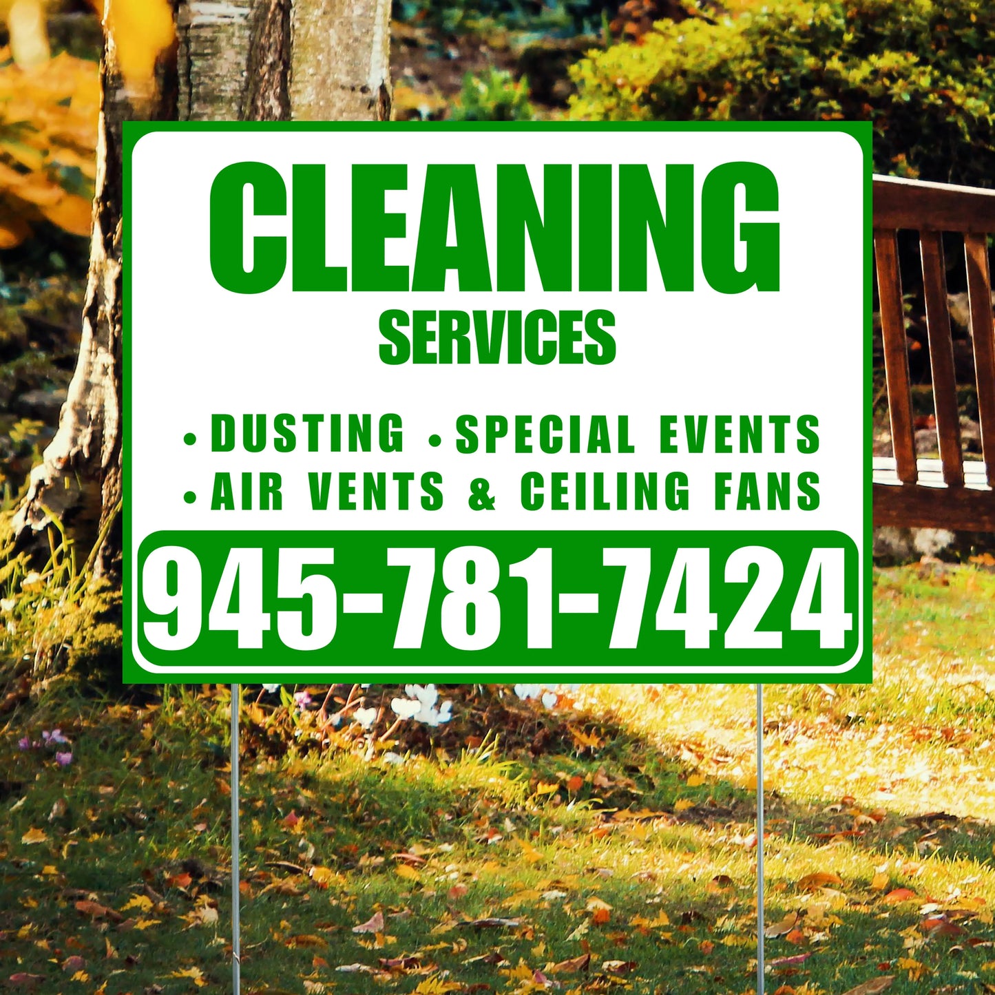 Cleaners/Maids Signs - Cleaning Services - Dusting, Special Events, Air Vents & Ceiling Fans - Plain Green White Design YardSigns.com