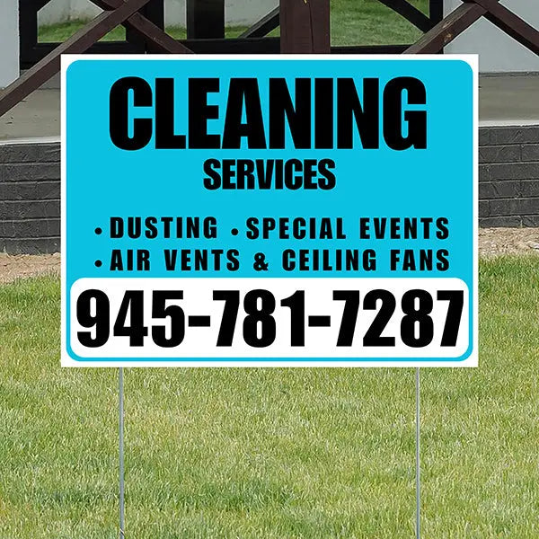 Cleaners/Maids Signs - Cleaning Services - Dusting, Special Events, Air Vents & Ceiling Fans - Plain Aqua Blue White Design YardSigns.com