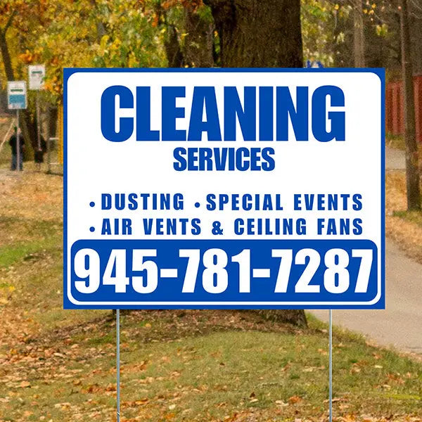 Cleaners/Maids Signs - Cleaning Services - Dusting, Special Events, Air Vents & Ceiling Fans - Plain White Blue Design YardSigns.com