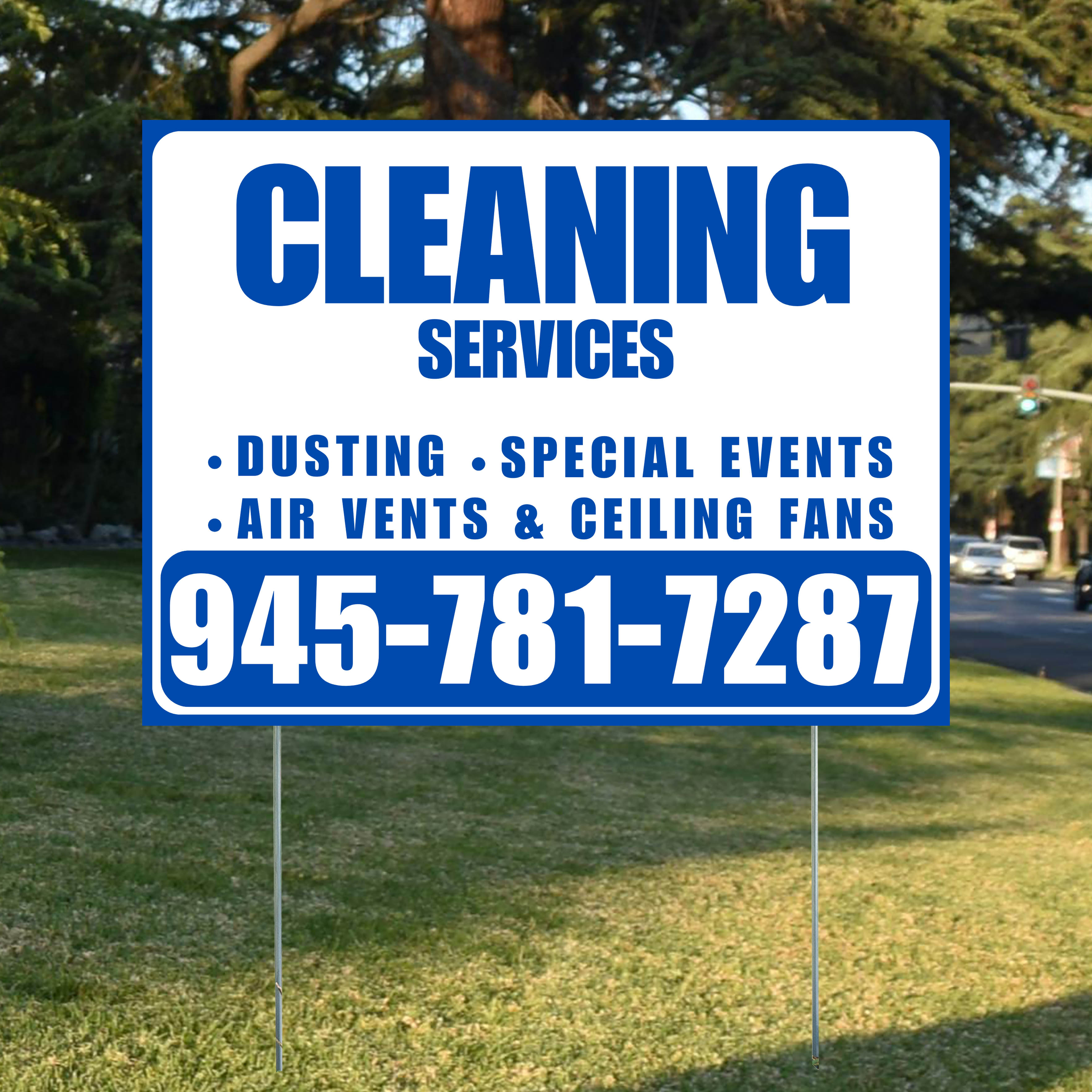 Cleaners/Maids Signs - Cleaning Services - Dusting, Special Events, Air Vents & Ceiling Fans - Plain Blue White Design - YardSigns.com