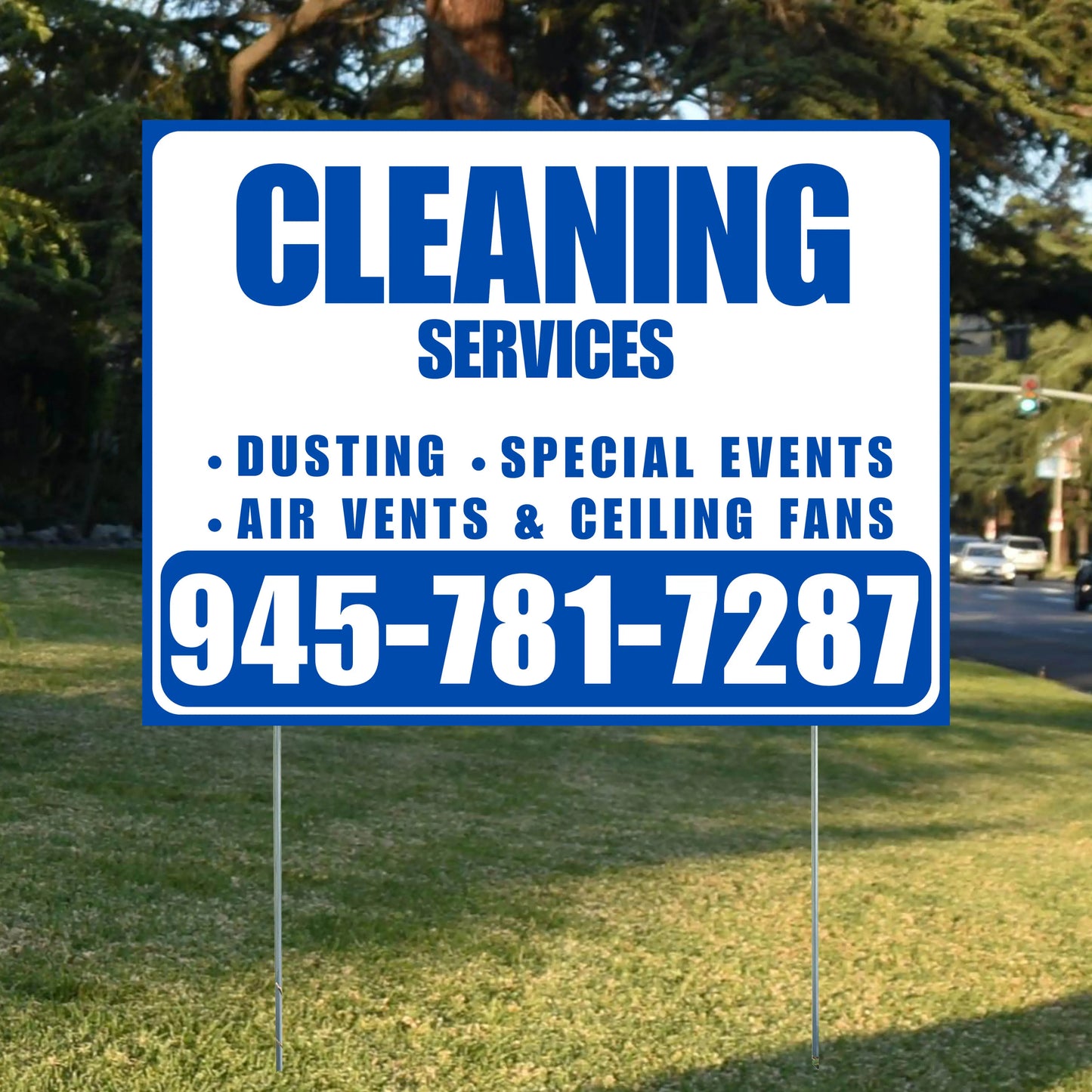 Cleaners/Maids Signs - Cleaning Services - Dusting, Special Events, Air Vents & Ceiling Fans - Plain White Blue Design YardSigns.com