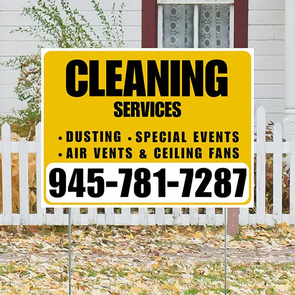 Cleaners/Maids Signs - Cleaning Services - Dusting, Special Events, Air Vents & Ceiling Fans - Plain White Mustard Gold Design YardSigns.com
