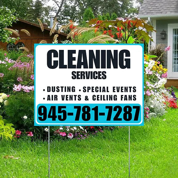 Cleaners/Maids Signs - Cleaning Services - Dusting, Special Events, Air Vents & Ceiling Fans - Plain White Aqua Blue Design YardSigns.com