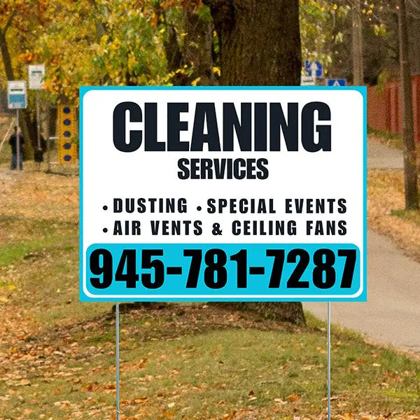 Cleaners/Maids Signs - Cleaning Services - Dusting, Special Events, Air Vents & Ceiling Fans - Plain White Aqua Blue Design YardSigns.com