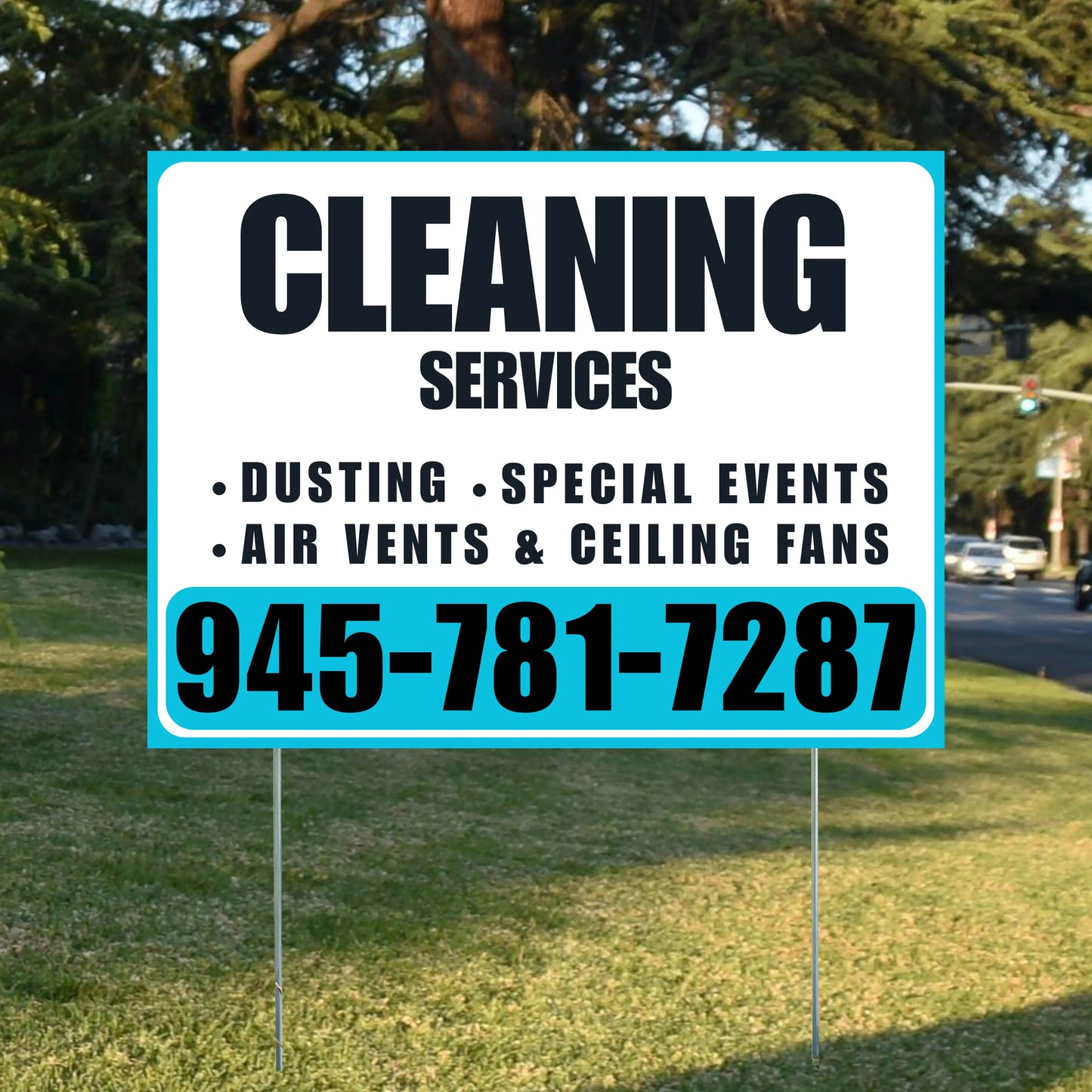 Cleaners/Maids Signs - Cleaning Services - Dusting, Special Events, Air Vents & Ceiling Fans - Plain White Aqua Blue Design YardSigns.com