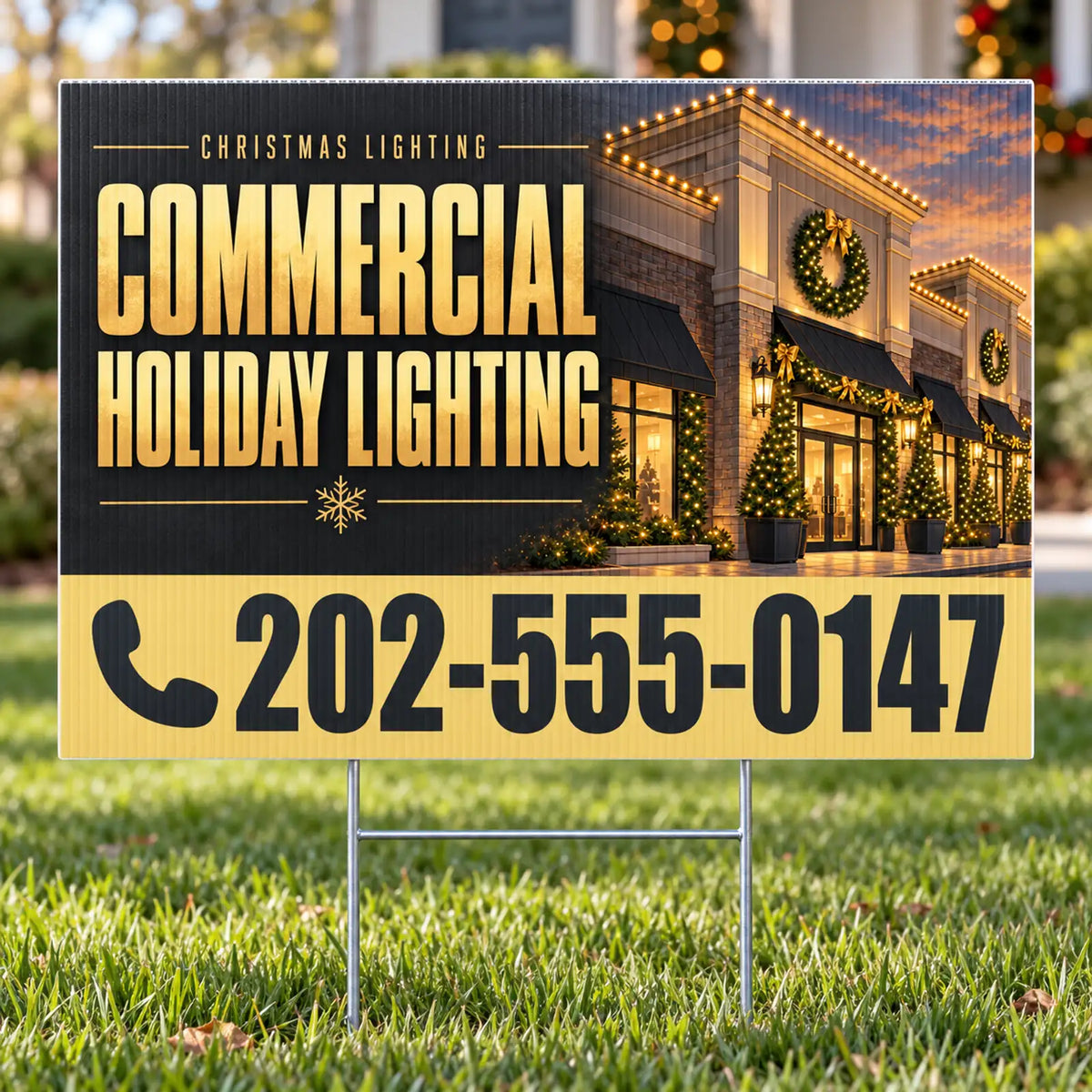 Holiday Signs - Christmas Lights Installation - Commercial Holiday Lighting Yard Sign - Charcoal & Gold - 24 x 18
