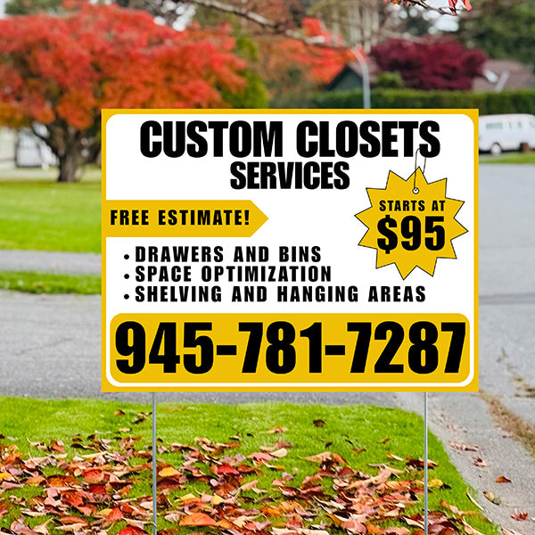 Custom Closets - Space Optimization, Shelving and Hanging Areas, Drawers and Bins with Price Tag - Plain Mustard Gold White Design - YardSigns.com