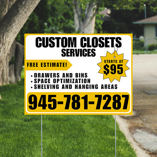 Custom Closets - Space Optimization, Shelving and Hanging Areas, Drawers and Bins with Price Tag - Plain Mustard Gold White Design - YardSigns.com