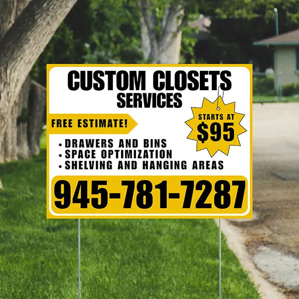 Custom Closets - Space Optimization, Shelving and Hanging Areas, Drawers and Bins with Price Tag - Plain Mustard Gold White Design YardSigns.com