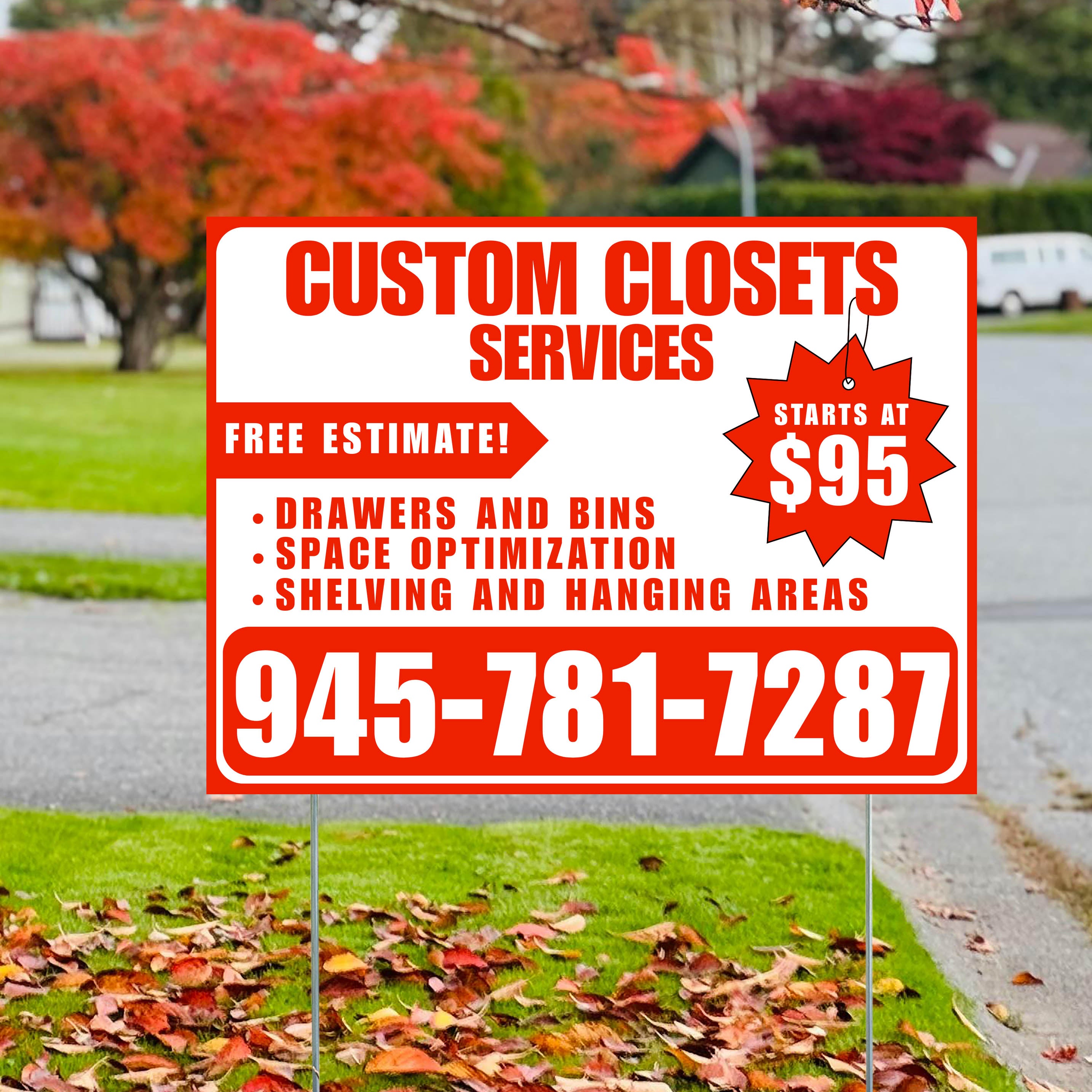 Custom Closets - Space Optimization, Shelving and Hanging Areas, Drawers and Bins with Price Tag - Plain Chili Red White Design - YardSigns.com