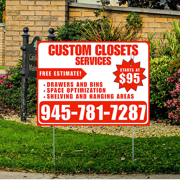 Custom Closets - Space Optimization, Shelving and Hanging Areas, Drawers and Bins with Price Tag - Plain Chili Red White Design - YardSigns.com