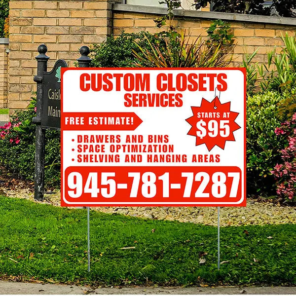 Custom Closets - Space Optimization, Shelving and Hanging Areas, Drawers and Bins with Price Tag - Plain Chili Red White Design YardSigns.com