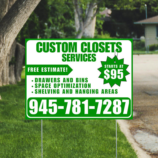 Custom Closets - Space Optimization, Shelving and Hanging Areas, Drawers and Bins with Price Tag - Plain Green White Design - YardSigns.com