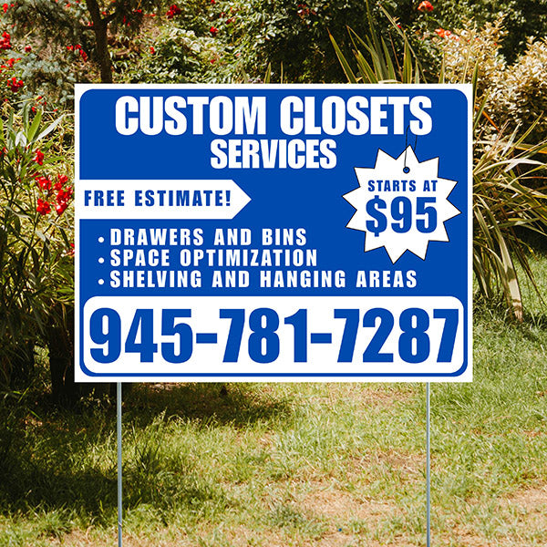 Custom Closets - Space Optimization, Shelving and Hanging Areas, Drawers and Bins with Price Tag - Plain White Blue Design - YardSigns.com
